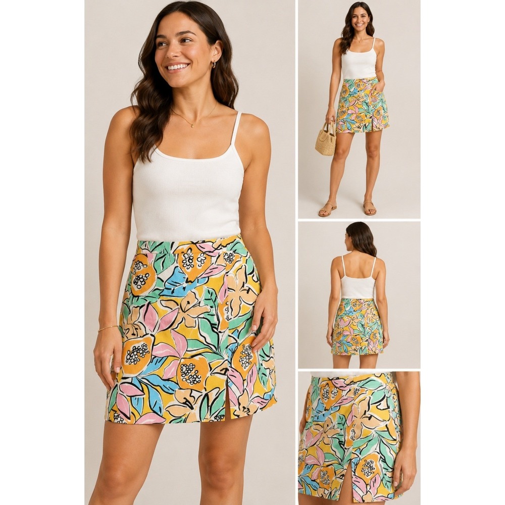 ASTR the Label Papaya Tropical Floral Linen Blend Mini Skirt Womens Large Slit